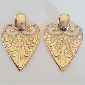 Vintage Italian Gold Tone Heart Earrings BREV PAT Statement Art Deco Style